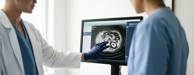 Doctors analyzing medical scan on screen
